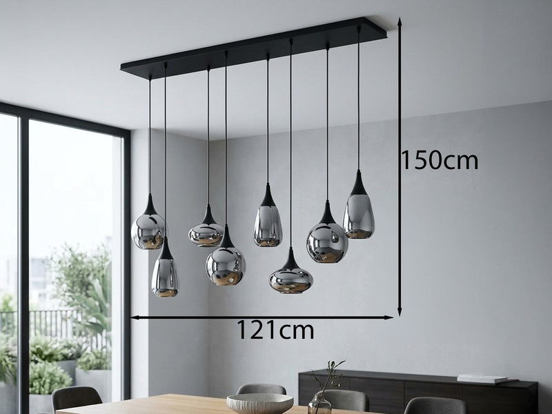 Pendelleuchte 8-flammig Glas Chrom in Rauchglas Optik mit E14 LED, Breite 121cm