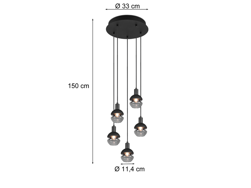 LED Pendelleuchte Industrial 5 flammig Schwarz mit Rauchglas Ø 34 cm