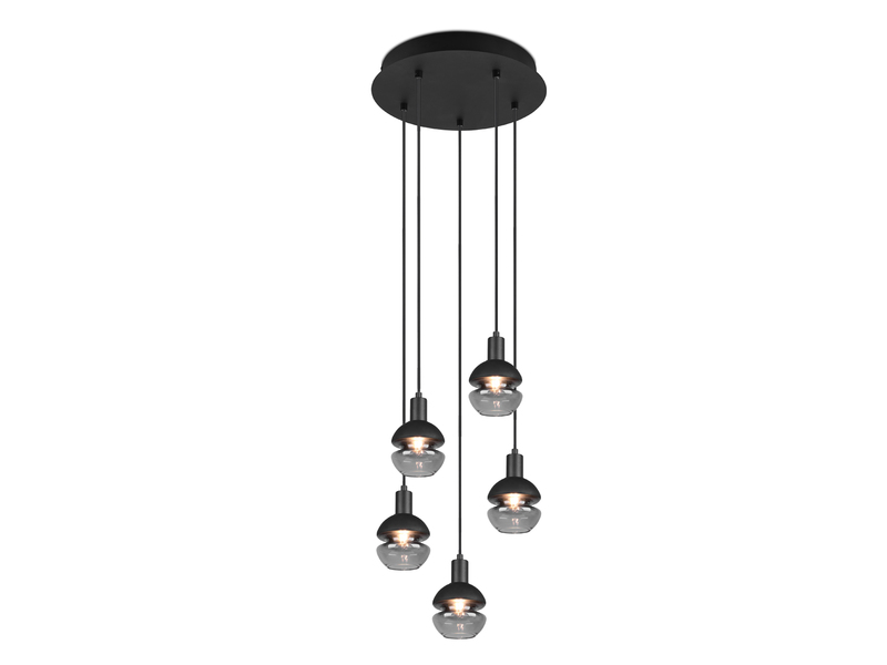 LED Pendelleuchte Industrial 5 flammig Schwarz mit Rauchglas Ø 34 cm