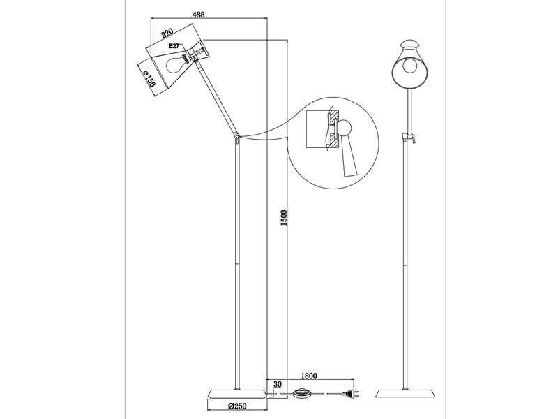 Stehleuchte ENZO mit Gelenk & Fußschalter in Silber - Höhe 150cm
