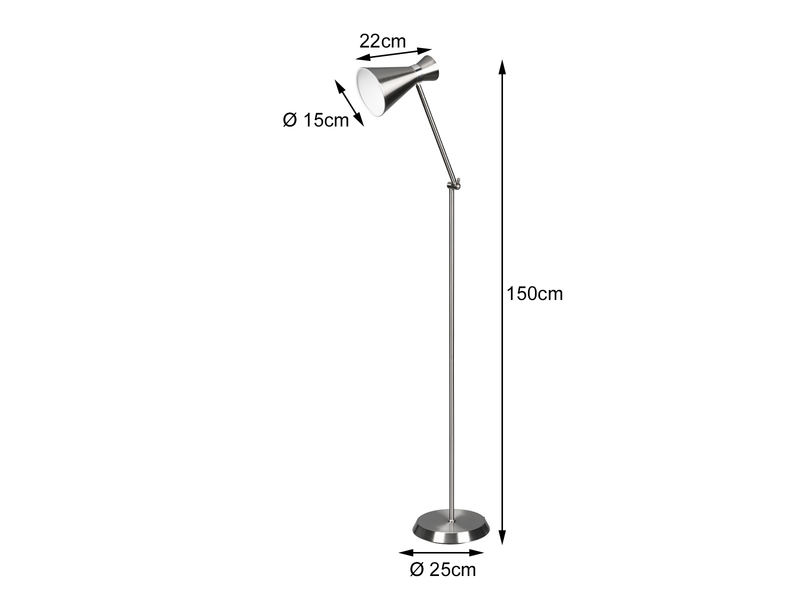 LED Stehleuchte Gelenk & Fußschalter, Metallschirm in Silber - Höhe 150cm