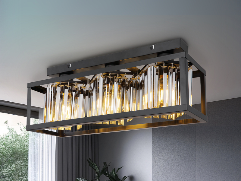 LED Deckenlampe mit Rauchglas Kristallen 3-flammig Metall Schwarz, Breite 51cm
