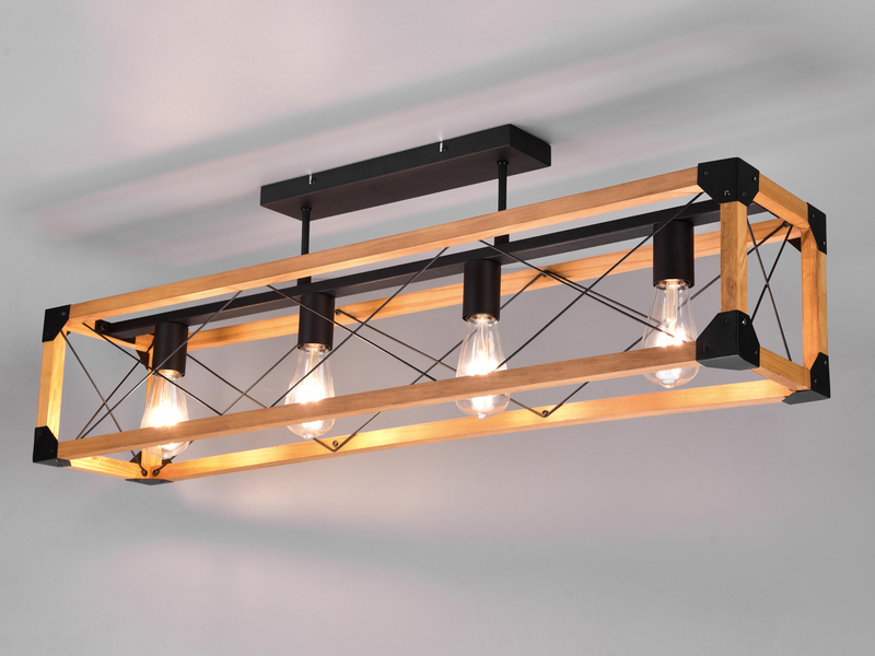 Deckenleuchte TENALI 4 flammig mit Holzbalken Metall Schwarz 100cm lang