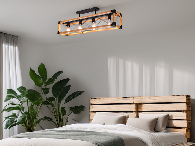 Deckenleuchte TENALI 4 flammig mit Holzbalken Metall Schwarz 100cm lang