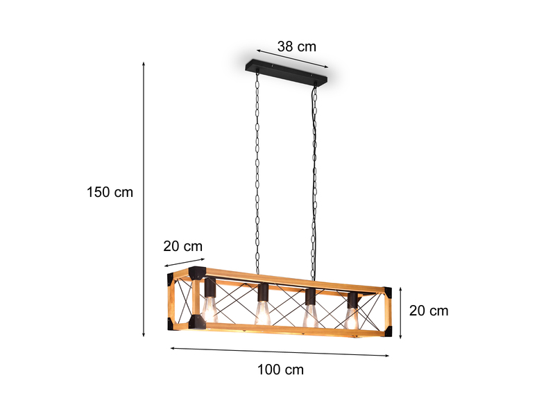 LED Balken Pendelleuchte 4 flammig Schwarz mit Holzbalken Breite 100cm