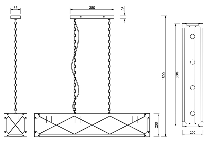 LED Balken Pendelleuchte 4 flammig Schwarz mit Holzbalken Breite 100cm