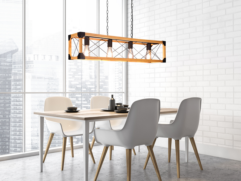 LED Balken Pendelleuchte 4 flammig Schwarz mit Holzbalken, Breite 100cm