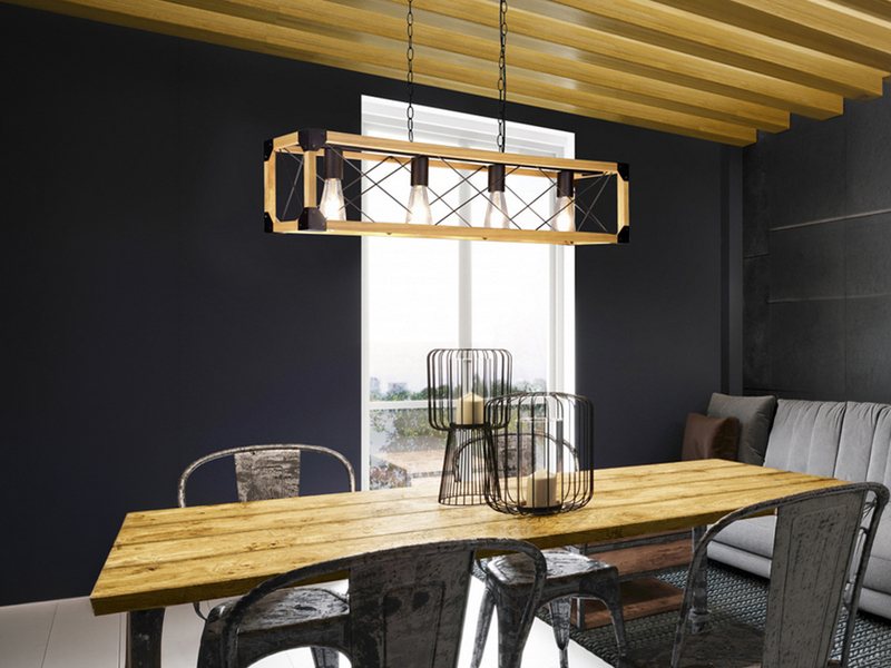 LED Balken Pendelleuchte 4 flammig Schwarz mit Holzbalken, Breite 100cm