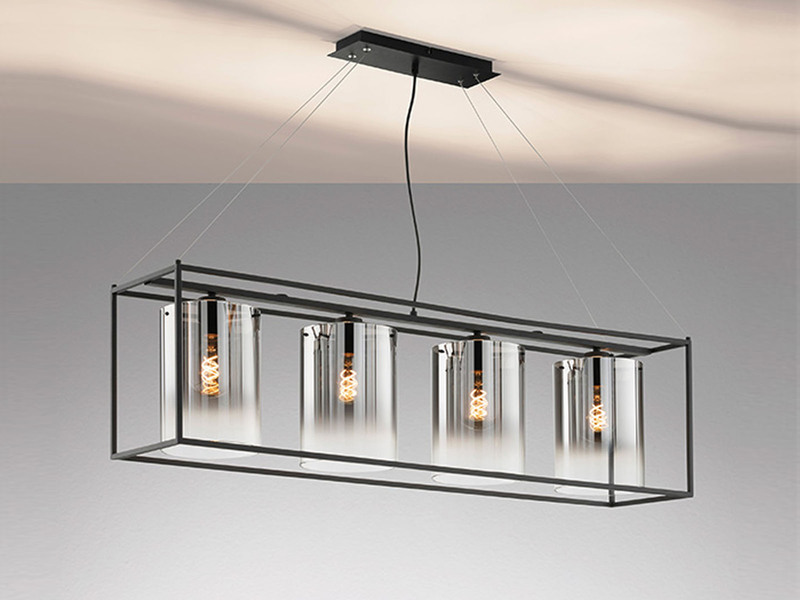 Pendelleuchte SAMU 4 flammig lang Schwarz mit Rauchglas, Breite 115cm