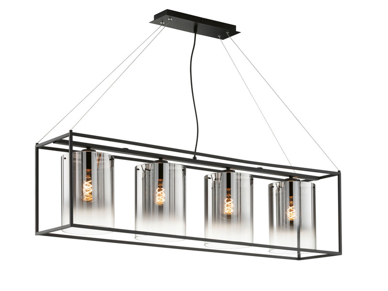 Pendelleuchte SAMU 4 flammig lang Schwarz mit Rauchglas, Breite 115cm