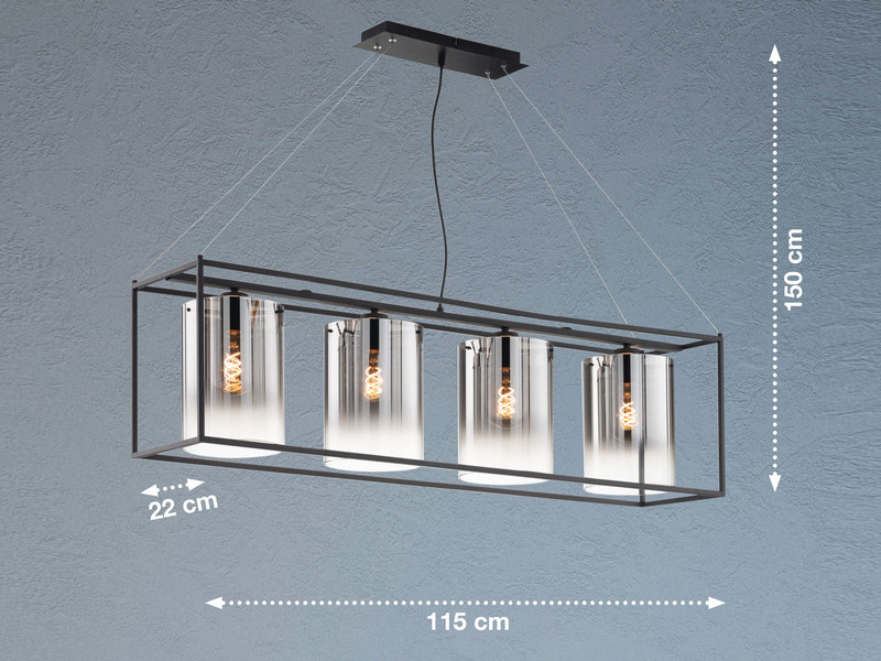 Pendelleuchte SAMU 4 flammig lang Schwarz mit Rauchglas, Breite 115cm