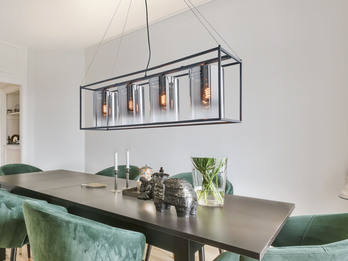 Pendelleuchte SAMU 4 flammig lang Schwarz mit Rauchglas, Breite 115cm