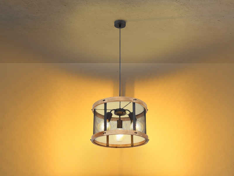 Pendelleuchte JEANIE mit Holz & Gitter 3-flammig Schwarz, Ø 40cm