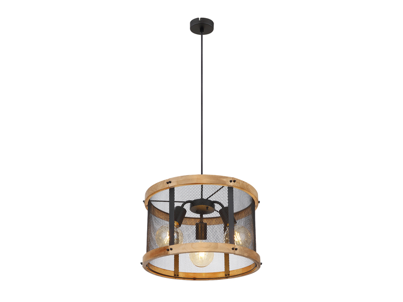 Pendelleuchte JEANIE mit Holz & Gitter 3-flammig Schwarz, Ø 40cm