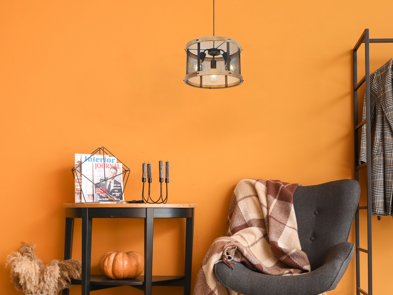 Pendelleuchte JEANIE mit Holz & Gitter 3-flammig Schwarz, Ø 40cm