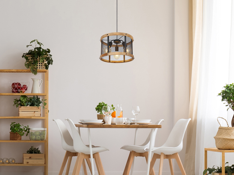 Pendelleuchte JEANIE mit Holz & Gitter 3-flammig Schwarz, Ø 40cm