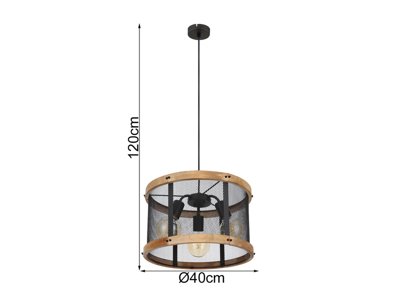 Pendelleuchte JEANIE mit Holz & Gitter 3-flammig Schwarz, Ø 40cm