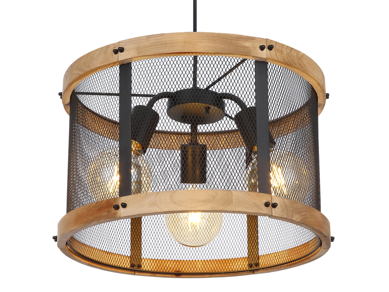 Pendelleuchte JEANIE mit Holz & Gitter 3-flammig Schwarz, Ø 40cm