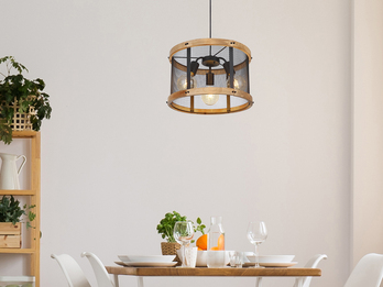 Pendelleuchte JEANIE mit Holz & Gitter 3-flammig Schwarz, Ø 40cm