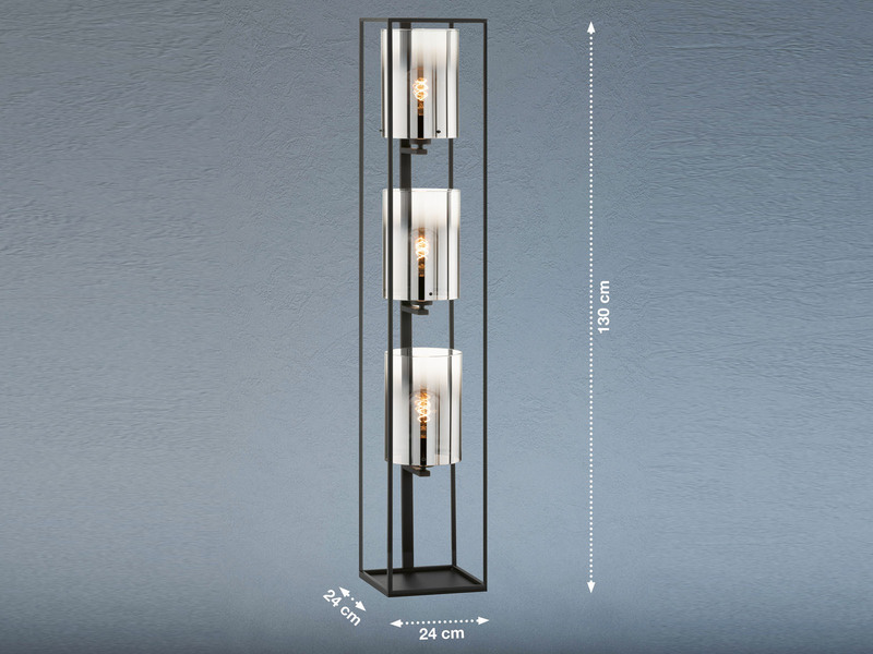 Stehlampe 3-flammig Schwarz mit Rauchglas & LED dimmbar, Höhe 130cm