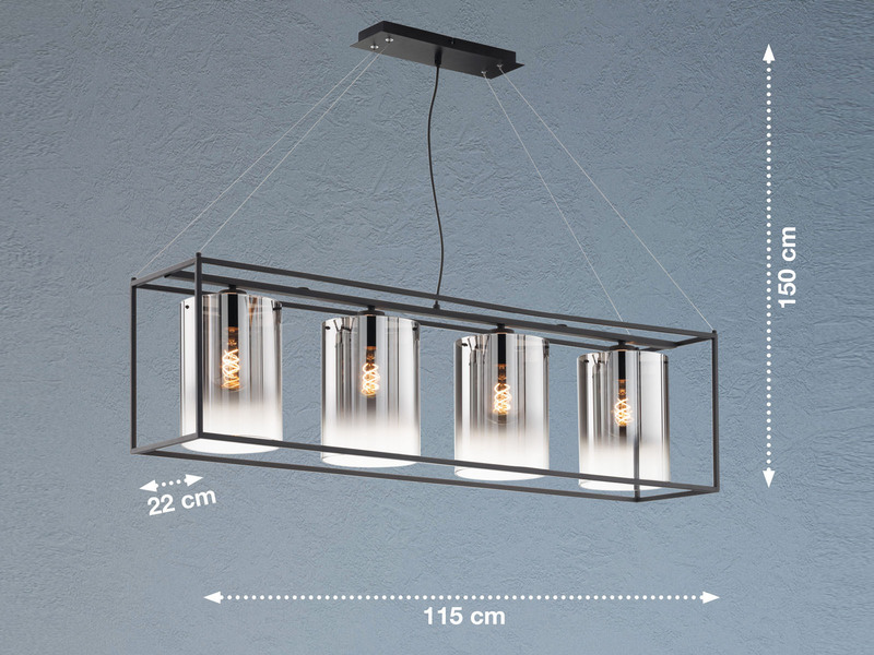LED Pendelleuchte 4-flammig lang Schwarz mit Rauchglas, Breite 115cm