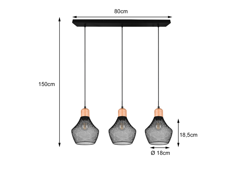 LED Balken Pendelleuchte Drahtgeflecht Schwarz mit Holz Breite 80cm