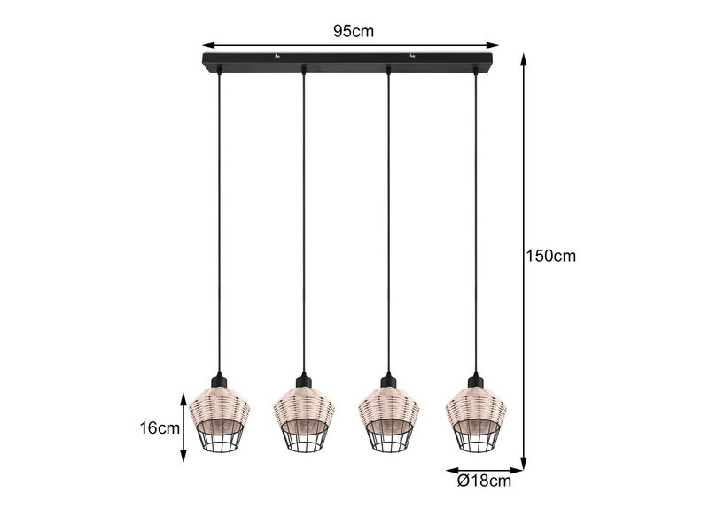 Pendelleuchte BORKA Rattan Geflecht Natur & Gitter im Boho Stil, Breite 95cm