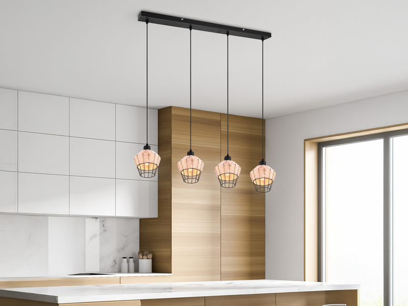 Pendelleuchte BORKA Rattan Geflecht Natur & Gitter im Boho Stil, Breite 95cm