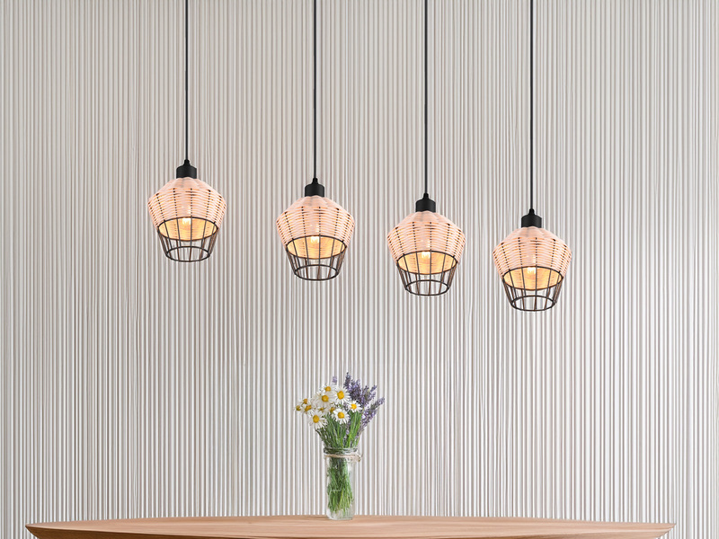 Pendelleuchte BORKA Rattan Geflecht Natur & Gitter im Boho Stil, Breite 95cm