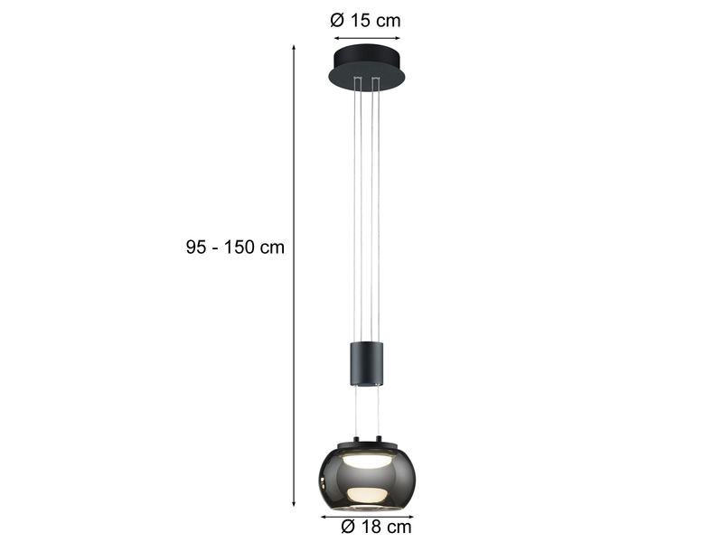 LED Pendelleuchte MADISON 1 flammig höhenverstellbar mit Chrom Rauchglas, Ø18cm