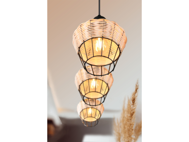 LED Pendelleuchte mit Rattan Geflecht Natur und Gitter im Boho Stil Ø 30cm