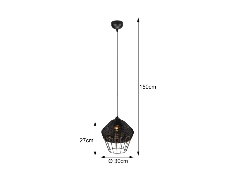 LED Pendelleuchte mit Rattan Geflecht und Gitter Schwarz im Boho Stil Ø 30cm