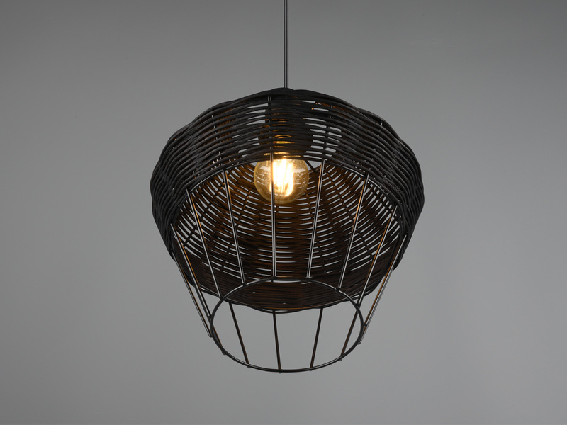 LED Pendelleuchte mit Rattan Geflecht und Gitter Schwarz im Boho Stil Ø 30cm