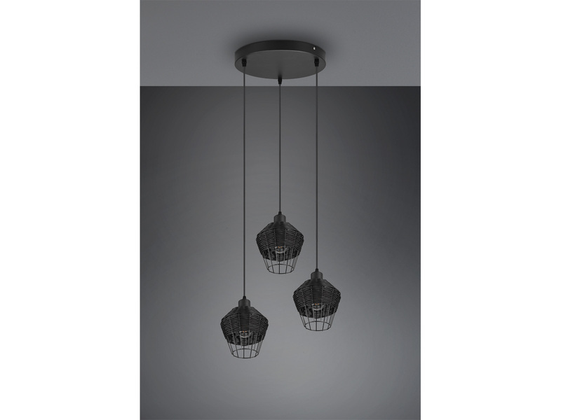 LED Pendelleuchte mit Rattan Geflecht und Gitter Schwarz im Boho Stil Ø 41cm