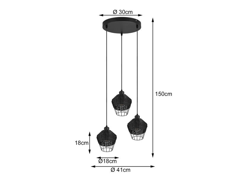 LED Pendelleuchte mit Rattan Geflecht und Gitter Schwarz im Boho Stil Ø 41cm