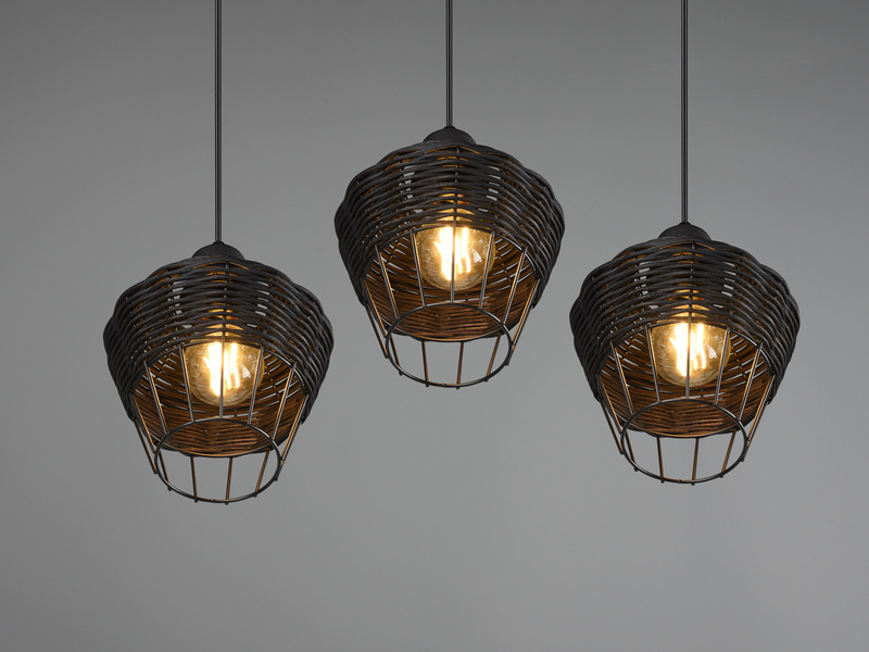 LED Pendelleuchte mit Rattan Geflecht und Gitter Schwarz im Boho Stil Ø 41cm