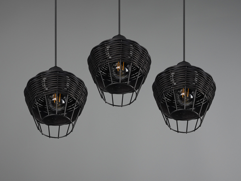 LED Pendelleuchte mit Rattan Geflecht und Gitter Schwarz im Boho Stil Ø 41cm