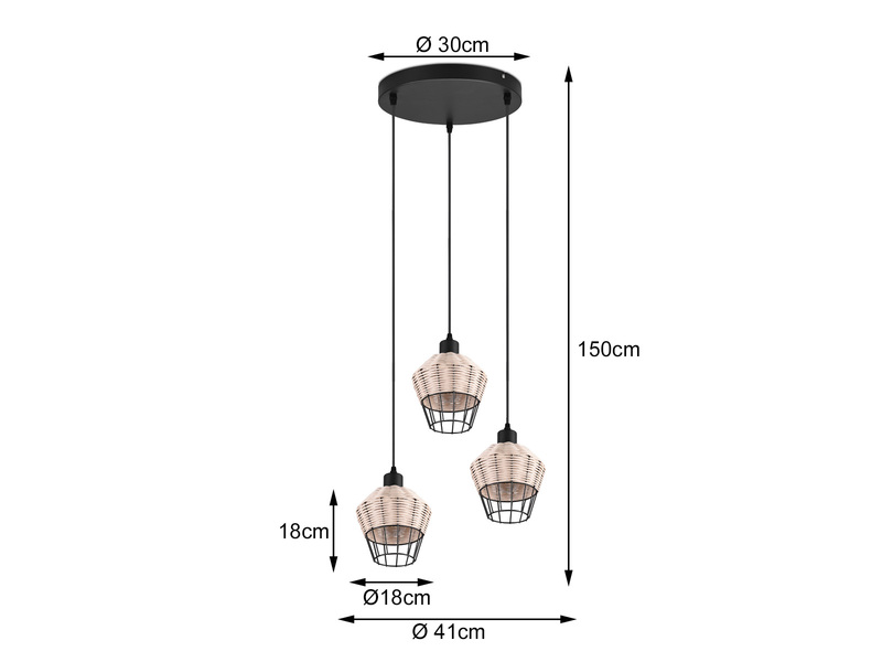 LED Pendelleuchte mit Rattan Geflecht Natur und Gitter im Boho Stil Ø 41cm