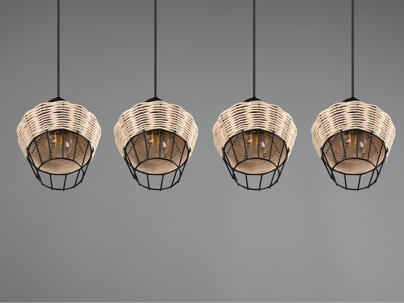 LED Pendelleuchte Rattan Geflecht Natur & Gitter im Boho Stil, Breite 95cm