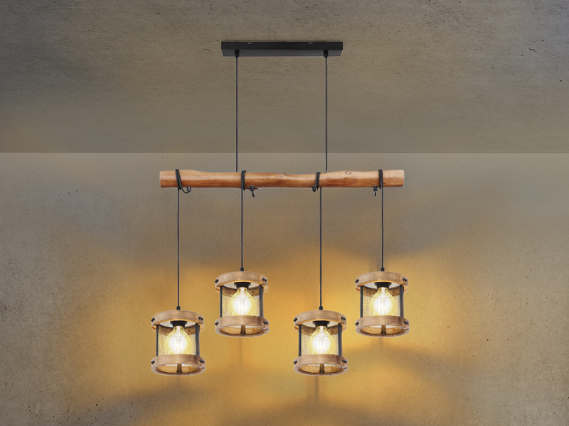 LED Holzbalken Pendelleuchte mit 4 Draht Lampenschirmen, 85cm breit