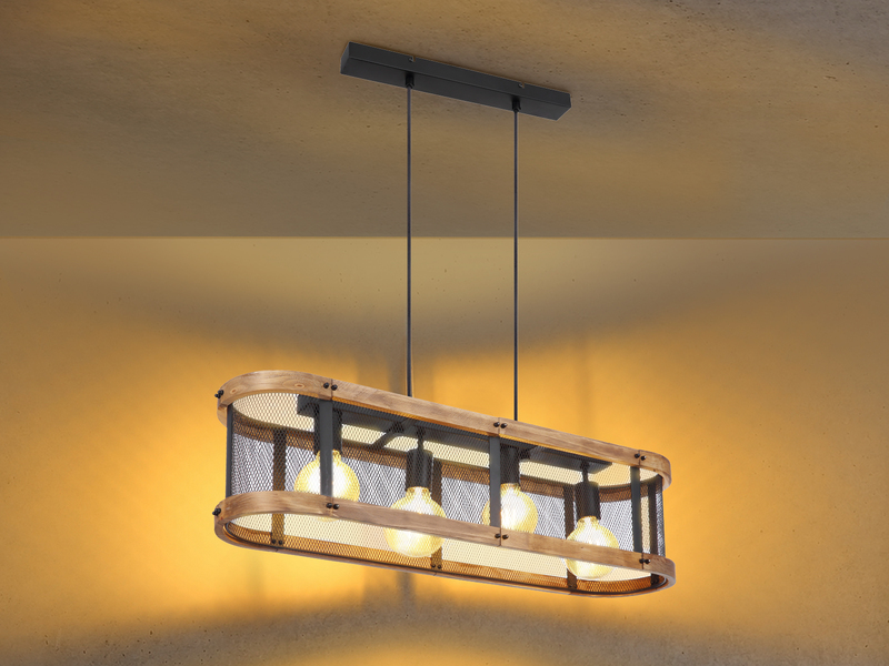 LED Pendelleuchte mit Holz 4-flammig Gitter Schwarz, Breite 80cm