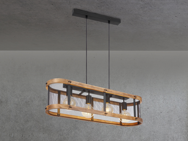 LED Pendelleuchte mit Holz 4-flammig Gitter Schwarz, Breite 80cm