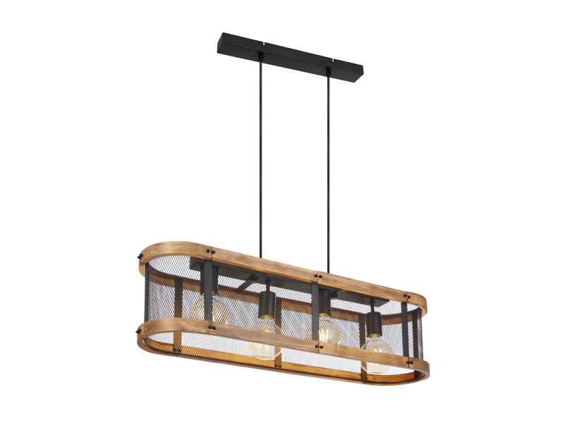 LED Pendelleuchte mit Holz 4-flammig Gitter Schwarz, Breite 80cm