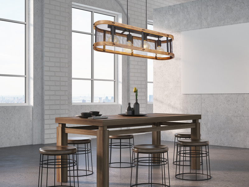 LED Pendelleuchte mit Holz 4-flammig Gitter Schwarz, Breite 80cm