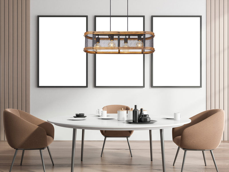 LED Pendelleuchte mit Holz 4-flammig Gitter Schwarz, Breite 80cm