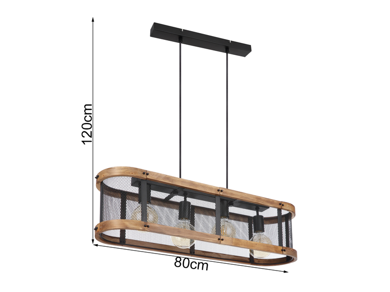 LED Pendelleuchte mit Holz 4-flammig Gitter Schwarz, Breite 80cm