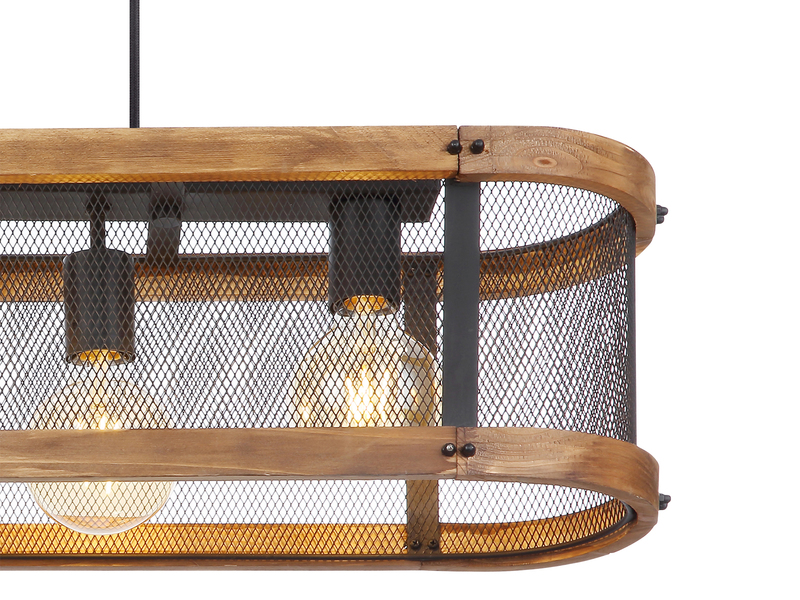 LED Pendelleuchte mit Holz 4-flammig Gitter Schwarz, Breite 80cm