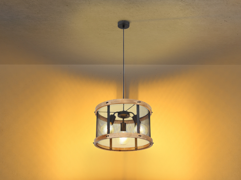 LED Pendelleuchte mit Draht Lampenschirm & Holz, 3-flammig Ø40cm