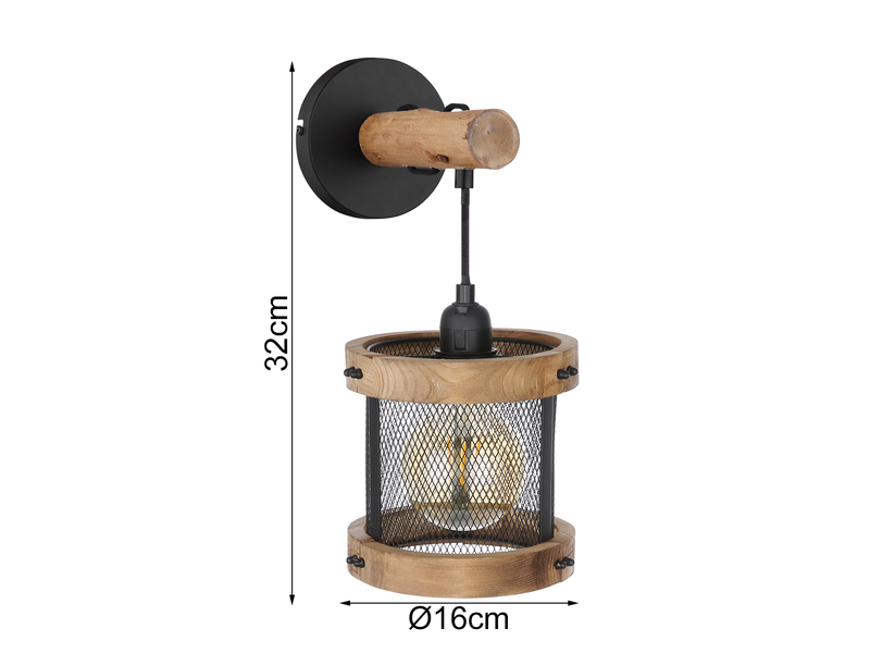 LED Wandleuchte mit Holz 1-flammig, Gitter schwarz Ø16cm
