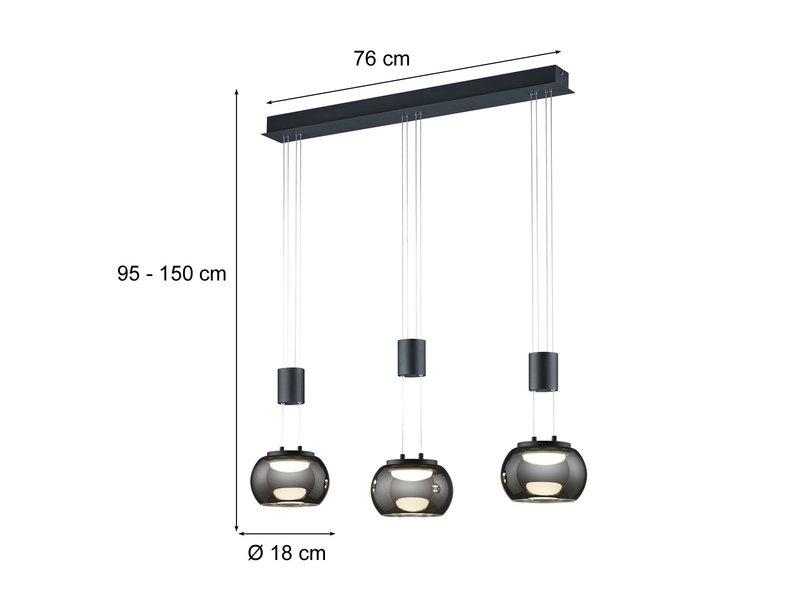LED Pendelleuchte MADISON 3-flammig Rauchglas, höhenverstellbar, Breite 82cm
